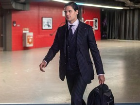Montreal Canadiens defenceman Johnathan Kovacevic arrives at the Bell Centre in Montreal for a game against the Colorado Avalanche on on March 13, 2023.
