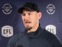 Montreal Alouettes head coach Jason Maas speaks to reporters at Olympic Stadium on March 15, 2023.