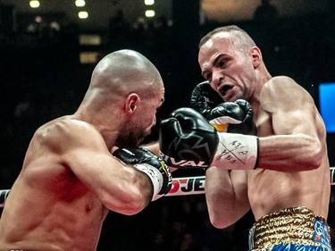 Mathieu "G-Time" Germain, left, defeated Steven Wilcox during their 10-round fight at Place Bell in Laval on Thursday, March 16, 2023.