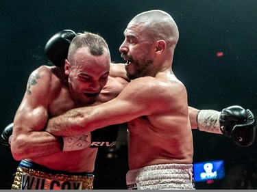 Mathieu "G-Time" Germain, right, defeated Steven Wilcox during their 10-round fight at Place Bell in Laval on Thursday, March 16, 2023.