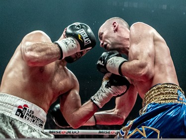 Mathieu "G-Time" Germain, left, defeated Steven Wilcox during their 10-round fight at Place Bell in Laval on Thursday, March 16, 2023.