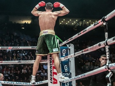 Joseph "Mighty" Ward celebrates after defeating Mario "Pantera" Andrade Rodriguez during their eight-round fight at Place Bell in Laval on Thursday, March 16, 2023.