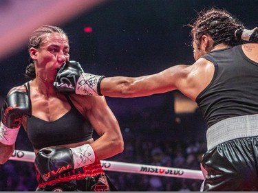 Jessica "The Cobra" Camara, left, lost to Karla Ramos Zamora during their 10-round fight at Place Bell in Laval on Thursday, March 16, 2023.