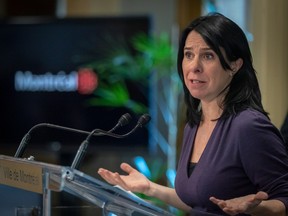 Montreal Mayor Valérie Plante responds to Premier François Legault's Quebec budget announcement at a press conference at city hall in Montreal on Wednesday March 22, 2023.