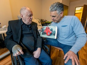 David Rigby, left, recalls his days behind the wheel during a visit with fellow stunt performer Marcello Bezina. “All I ever heard about when I started out was: ‘David can do this, David can do that, David can do anything.’ They were right,” says Bezina.