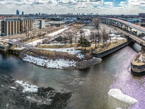 The Peel Basin area looking southwest towards Nun's Island in Montreal in March 2023.