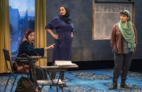 Ghazal Azarbad, as Elham, and Banafsheh Taherian, as Roya, right, listen to Ghazal Partou, as Marjan, during Segal Centre production of English in Montreal on Wednesday, March 29, 2023.