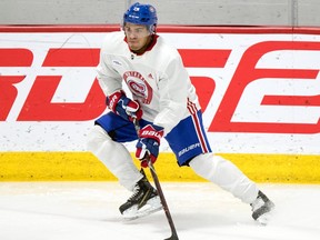 Defenceman Jayden Struble handles the puck during Montreal Canadiens development camp at the Bell Sports Complex in Brossard on June 26, 2019.
