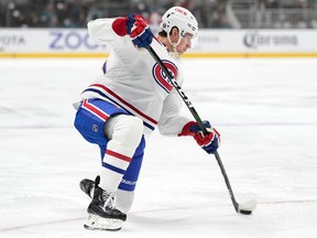 Denis Gurianov of the Montreal Canadiens shoots on goal against the San Jose Sharks during the first period at SAP Center on Feb. 28, 2023, in San Jose, California.