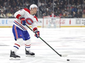 Denis Gurianov of the Montreal Canadiens makes a pass during the first period against the Los Angeles Kings on March 02, 2023