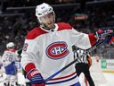 Mike Hoffman of the Montreal Canadiens reacts to his missed chance to score against the Los Angeles King on March 2, 2023