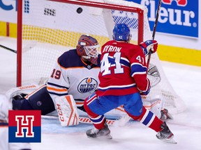 Paul Byron of the Montreal Canadiens shoots the puck past Edmonton Oilers goaltender Mikko Koskinen on May 10, 2021.