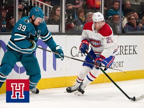 San Jose Sharks center Logan Couture battles for control of the puck against Montreal Canadiens right wing Denis Gurianov during the second period at SAP Center on Feb. 28, 2023.