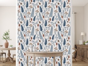 This forest-floor themed wallpaper borrows from the mushroom aesthetic currently trending. Its hues of blue and brown on a bright, white background make a statement and the bold pattern is ideal on an accent wall.