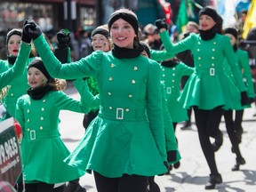 Kayleigh Parsons and other Costello Irish Dance members take part in the St. Patrick's Parade in Montreal on Sunday, March 19, 2023.