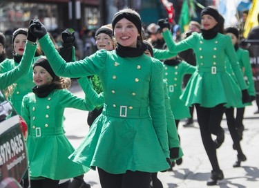 Kayleigh Parsons and other Costello Irish Dance members take part in the St. Patrick's Parade in Montreal on March 19, 2023.