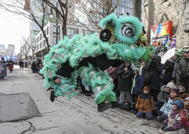 The Montreal Chan Lion Dance Club were decked out in a specially made green outfit during the St. Patrick's Parade in Montreal on March 19, 2023.