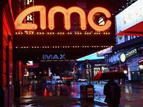 View of a closed AMC movie theatre near Time Square on Oct. 12, 2020 in New York City.