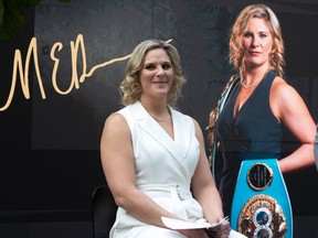 Boxer Marie-Ève Dicaire announces her retirement at a news conference in Montreal, Wednesday, March 8, 2023.