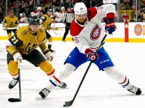 Montreal Canadiens defenceman Johnathan Kovacevic (26) skates with the puck against Vegas Golden Knights centre William Karlsson (71) on Sunday, March 5, 2023, in Las Vegas.