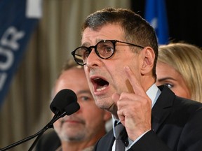 Conservative Party of Quebec Leader Éric Duhaime speaks on election night in Lac-Delage, Que., Monday, Oct. 3, 2022.