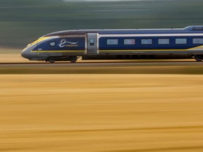 A high-speed Eurostar train speeds on the LGV Nord rail track outside Rully near Paris, France, in July 2022.