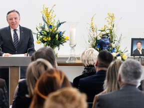 Quebec Premier François Legault speaks during the funeral of Nadine Girault in Laval, on Saturday, March 4, 2023.