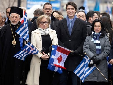 Canadian Prime Minister Justin Trudeau at the head of the parade during the Greek Independence Day celebrations in Montreal on Sunday, March 26, 2023.