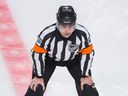 NHL referee Marc Joannette in his 1,000th game on Oct. 17, 2015, when the Montreal Canadiens faced the Detroit Red Wings at the Bell Centre in Montreal. 