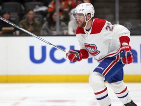 The Canadiens’ Jonathan Drouin reacts after scoring his first goal of the season during a 3-2 loss to the Ducks on Friday night in Anaheim.