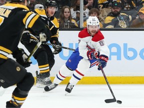 Canadiens centre Chris Tierney (67) possesses the puck during the second period against the Boston Bruins at TD Garden in Boston on Thursday, March 23, 2023.