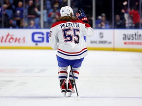 Canadiens left wing Michael Pezzetta (55) celebrates his game-winning shootout goal against the Buffalo Sabres at KeyBank Center in Buffalo on Monday, March 27, 2023.