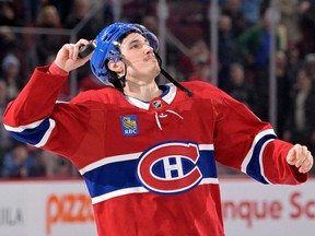 Canadiens forward Rafaël Harvey-Pinard (49) celebrates the win against the Columbus Blue Jackets at the Bell Centre in Montreal on Saturday, March 25, 2023.