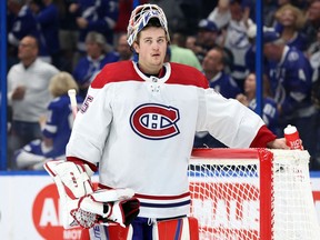 Canadiens goaltender Sam Montembeault (35) looks on after he gave up a goal against the Tampa Bay Lightning during the third period at Amalie Arena in Tampa on Saturday, March 18, 20223.
