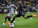 CF Montréal defender Kamal Miller (3) and Nashville SC midfielder Fafà Picault (7) close in on the ball in the first half of an MLS soccer game on Saturday, March 11, 2023, in Nashville.