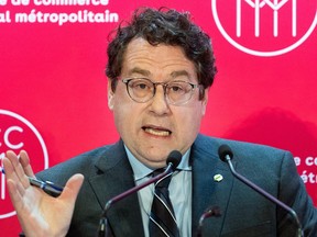 Quebec Education Minister Bernard Drainville addresses the Montreal Chamber of Commerce onTuesday, Feb. 14, 2023.