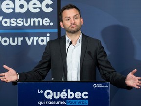 Parti Québécois Leader Paul St-Pierre Plamondon speaks during a post-election news conference in Boucherville on Oct. 4, 2022.