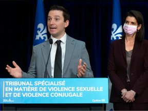 Quebec Justice Minister Simon Jolin-Barrette and deputy premier Geneviève Guilbault announce a new court division for sexual and domestic violence cases on Wednesday, May 4, 2022 in Quebec City.