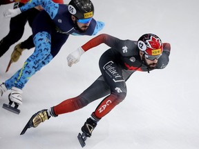 Quebecer Steven Dubois in action during the men's 500m finals at the ISU World Short Track Speed Skating Championships in Seoul, South Korea, on Saturday, March 11, 2023.