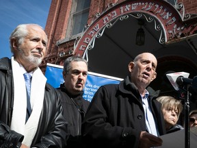 “When (the Bagg Street Synagogue) was attacked, the Jewish community as a whole felt attacked,” said Marvin Rotrand, right, national director of B'nai Brith's League for Human Rights. Rotrand spoke in front of the synagogue on Tuesday April 4, 2023 alongside others including Henry Topas, left, Quebec regional director of B'nai Brith Canada, and synagogue board member Sam Sheraton, centre.