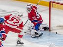 Red Wings' David Perron beats Canadiens goaltender Cayden Primeau during third period Tuesday night at the Bell Centre.