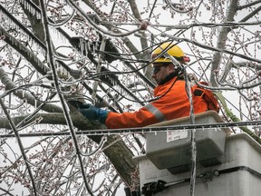 Hydro-Québec crews work to take down a fallen power line on Wilson Ave. near Notre-Dame-de-Grâce Ave. in N.D.G. on Wednesday April 5, 2023 as freezing rain falls on the city.