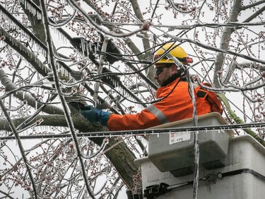 Hydro-Québec crews work to take down fallen power line on Wilson Avenue near Notre-Dame-de-Grâce Avenue in N.D.G. on Wednesday April 5, 2023 as freezing rain continues to fall on the city.