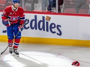 Montreal Canadiens right wing Joel Armia (40) was in the spotlight after scoring an empty net hat trick goal against the Washington Capitals during 3rd period NHL action at the Bell Centre in Montreal on Thursday April 6, 2023.
