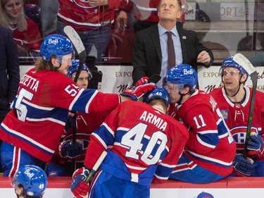 Montreal Canadiens right wing Joel Armia (40) is congratulated by teammates after his empty net hat trick goal against Washington Capitals during 3rd period NHL action at the Bell Centre in Montreal on Thursday April 6, 2023.
