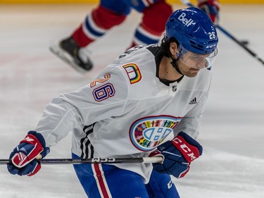 Montreal Canadiens defenceman Johnathan Kovacevic (26) wears a Pride warmup jersey prior to their game against the Washington Capitals at the Bell Centre in Montreal on Thursday April 6, 2023.