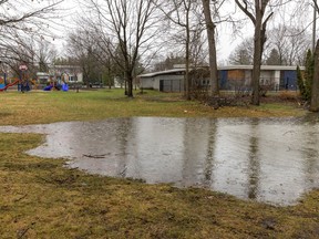 Water from the Rivière-des-Prairies has begun to flood a park behind Versailles Pool in Pierrefonds -Roxboro, April 17, 2023.