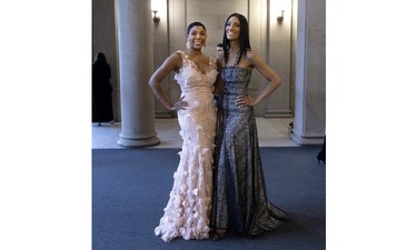 Varda Etienne, left, and Vania Aguiar arrive at the Daffodil Ball in Montreal April 20, 2023.