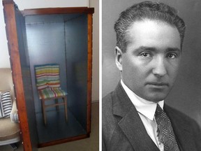 Wilhelm Reich and his "Orgone Accumulator" — a device that was baselessly claimed to improve health by collecting invisible particles.