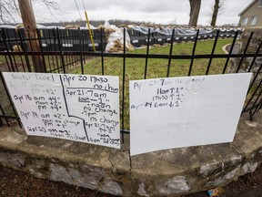 A resident near the corner of Du-Boulogne and Dauville streets has kept a daily tally of the water level in the Riviere-des-Prairies in the Pierrefonds-Roxboro borough of Montreal Monday April 24, 2023.